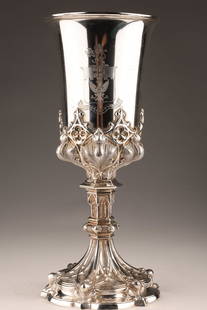 19th C Fine Sterling Vermeil Gothic Chalice: 19th C Fine Sterling Vermeil Gothic Chalice. Inscribed on verso Aquis Mattiacis MDCCCLXVII (1867) with coat of arms on front. Acid tests as sterling. 357.1 grams, marked with 13. 10 inches H x 4.5 dia