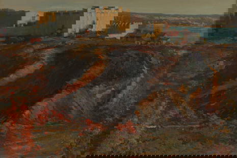 Elizabeth S Nutt ARCA Oil on Canvas Landscape: Elizabeth Styring Nutt ARCA (British, 1870 - 1946) Oil on Canvas Impressionist Landscape of a Castle on a Cliff. Signed E S Nutt 1941. Canvas measures 20 inches H x 24 W, framed 26 x 30 inches.