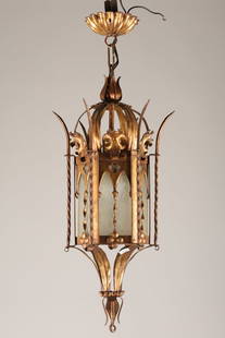 Italian Gothic Revival Gilt Lantern Hanging Light: Italian Gothic Revival Gilt Lantern Hanging Light. 24 inches L from cup.