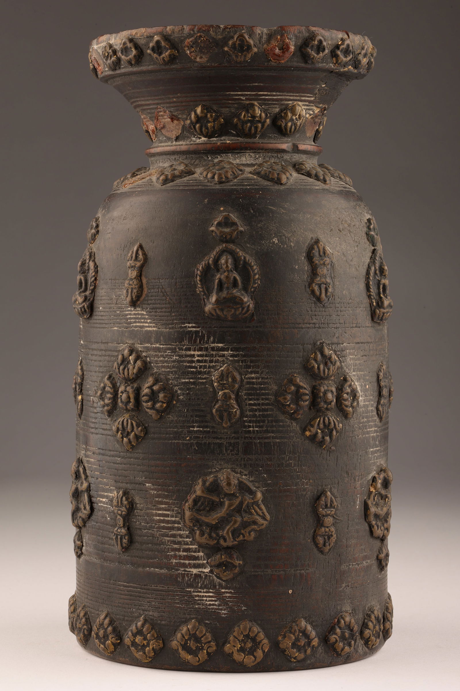 Antique Thai Wood Vase Applied Gods Medallions (1 of 8)