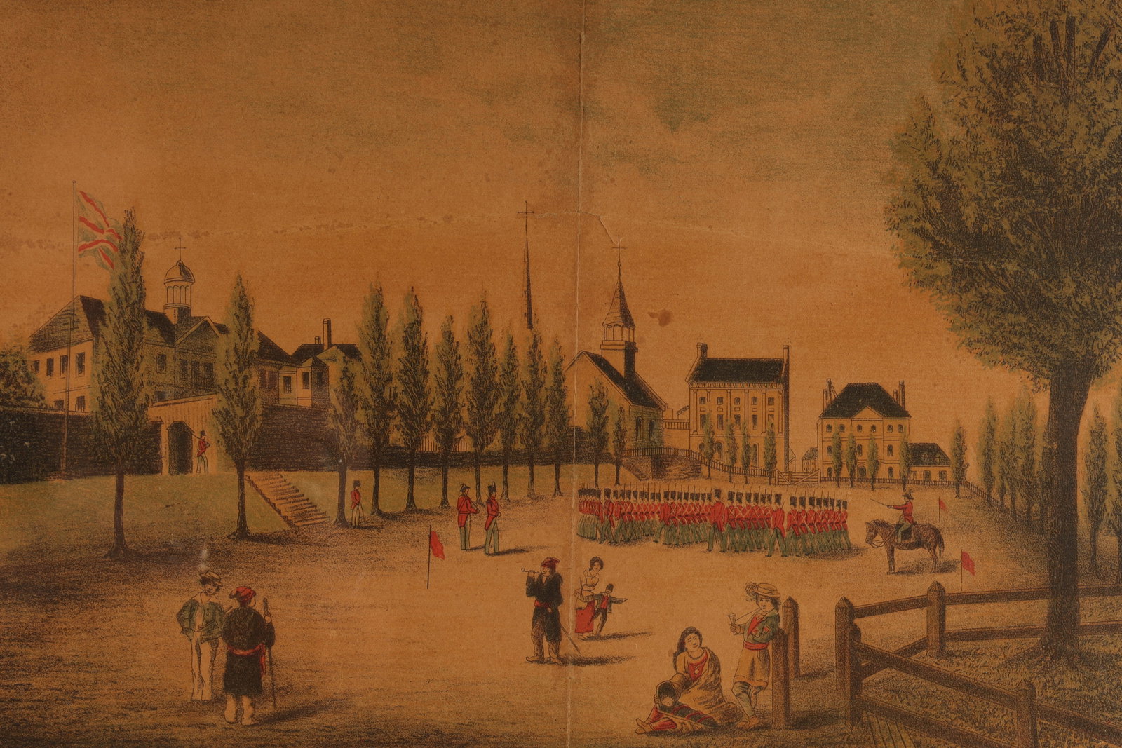 Antique Print View of Champ de Mars Lenny Bourne: Antique 1871 Colored Print View of Champ de Mars Montreal as it appeared in 1830 by Lenny and Bourne after R.A. Sproule. Some condition issues. Please see photos. Frame measures 16 x 20.5 inches.