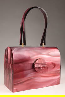 Vintage Pink Opalescent Lucite Rigid Purse Handbag: Vintage Pink Purple Opalescent Lucite Plastic Rigid Purse Handbag with leather interior. 6 inches h x 8w x 3.5d, 6 inch Handle.