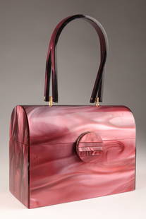 Vintage Pink Opalescent Lucite Rigid Purse Handbag: Vintage Pink Purple Opalescent Lucite Plastic Rigid Purse Handbag with leather interior. 6 inches h x 8w x 3.5d, 6 inch Handle.