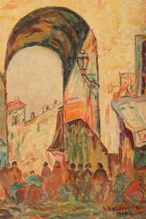 1930s Middle Eastern Market Painting L Belanger: 1930s Impressionist Middle Eastern Market Scene Oil Painting signed L. Belanger 1936. Attributed to Louis-Joseph Octave Belanger (Montreal, 1886-1972). Canvas measures 8.25 inches H x 6.25 W. Frame me