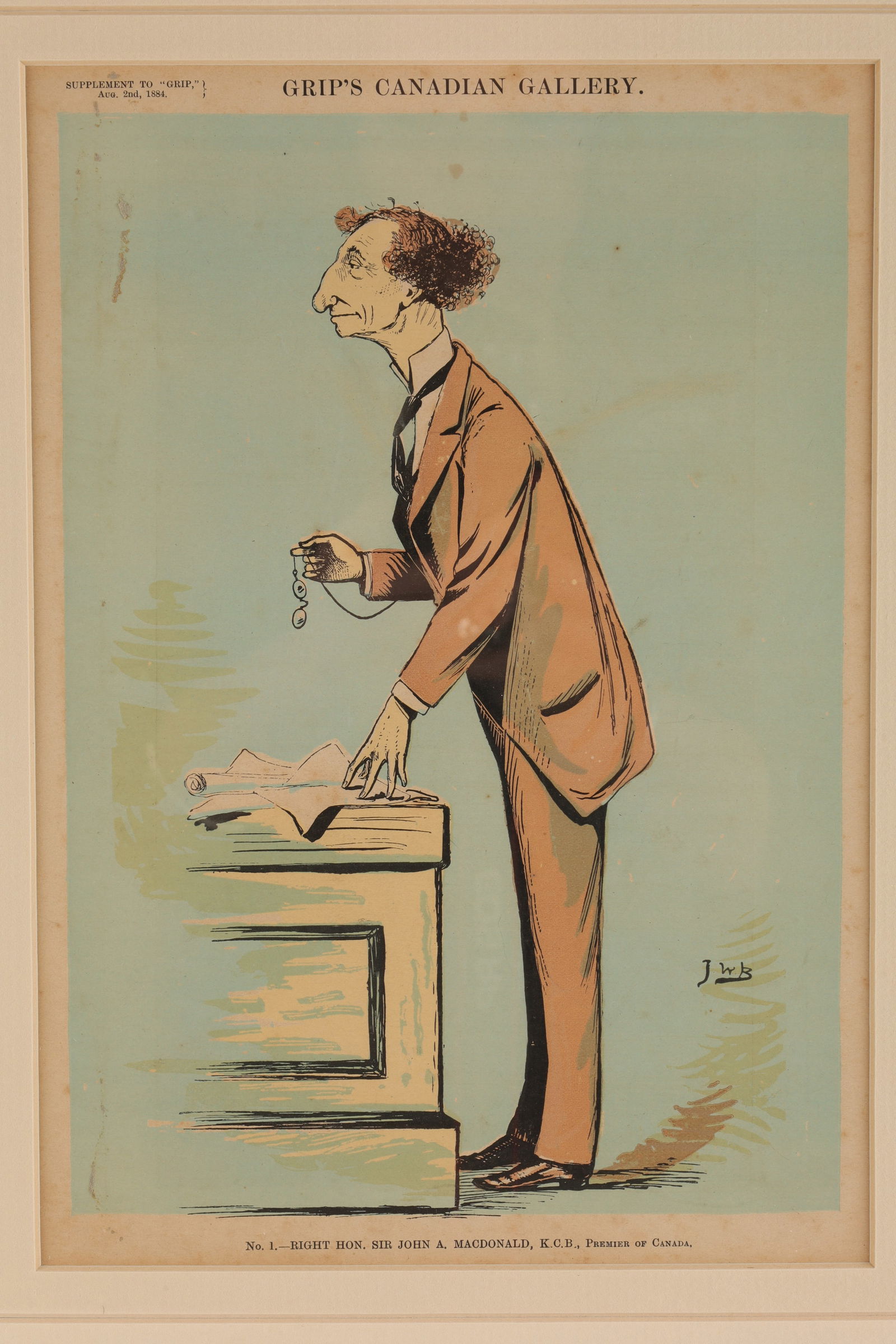 John Wilson Bengough John A MacDonald Cartoon 1884: John Wilson Bengough Caricature of John A MacDonald from Grip Magazine 1884. Measures 11.25 inches H x 8 W within matting.