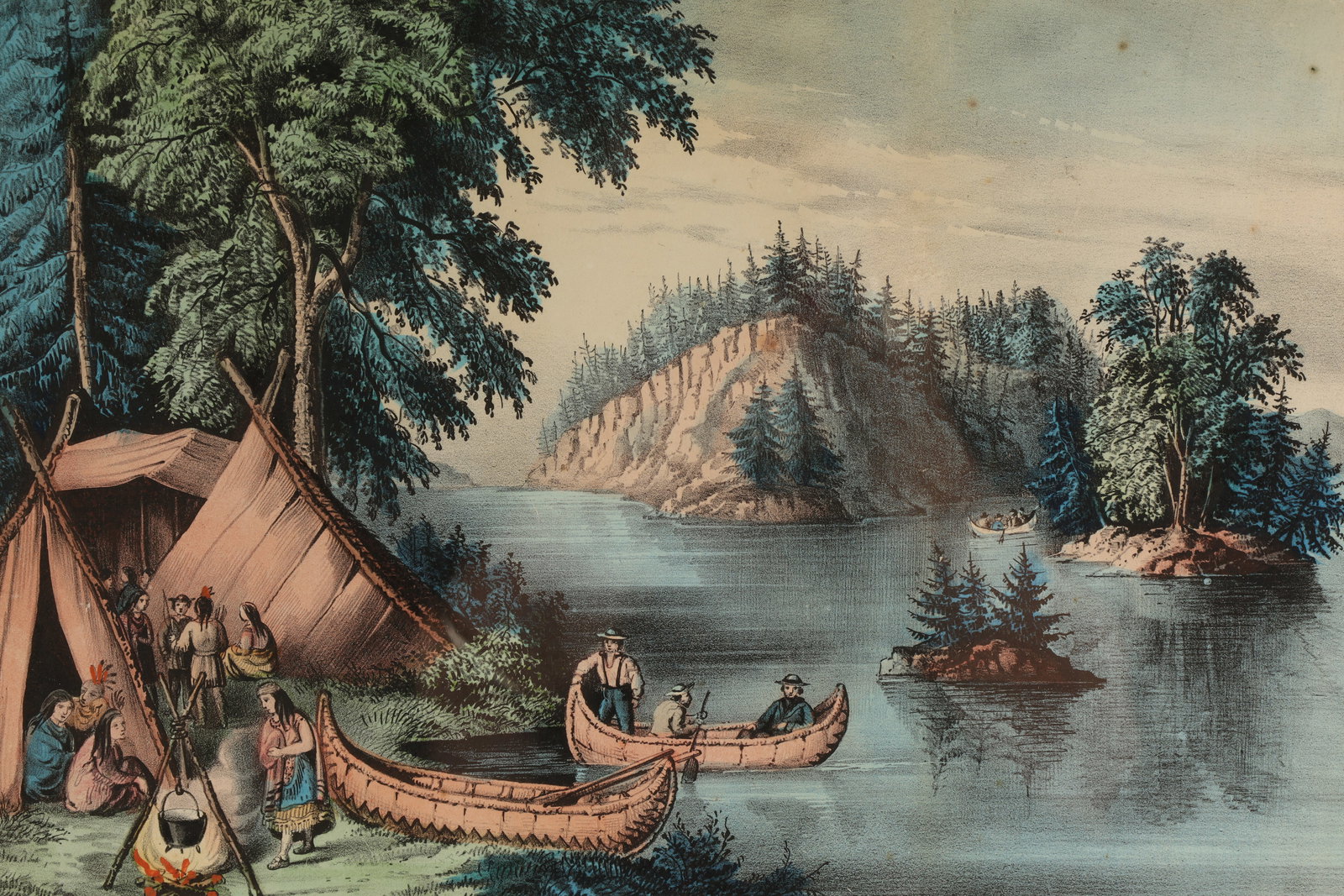 Currier Ives Print On St. Lawrence Indian Camp: Antique Coloured Currier and Ives Print On the Saint Lawrence Indian Encampment. Framed, 13.5 x 17.5 inches.