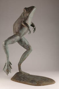 Verdigris Cast Metal Jumping Frog Fountain: Verdigris Cast Metal Jumping Frog Fountain. 28.5 inches H x 18 W. Untested.