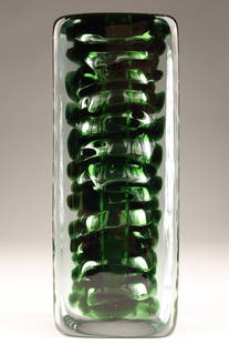 Frantisek Vizner Beranek Skrdlovice Square Vase: Frantizek Vizner (1936-2011) for Beranek Skrdlovice Czechoslovakia art glass handblown square tall vase the inner part with dark green circulating around a lobed interior, cased in clear glass, polish