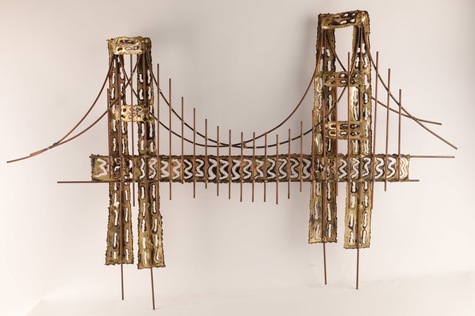 1970s Jere Style Metal Bridge Wall Sculpture: 1970s Curtis Jere Style Metal Bridge Wall Sculpture. 29 inches H x 46 W.
