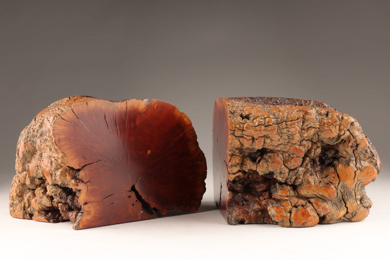 Pair of Natural Burl Wood Bookends: Pair of Natural Burl Wood Bookends. Each bookend measures 7 inches L x 6 W x 5 H.