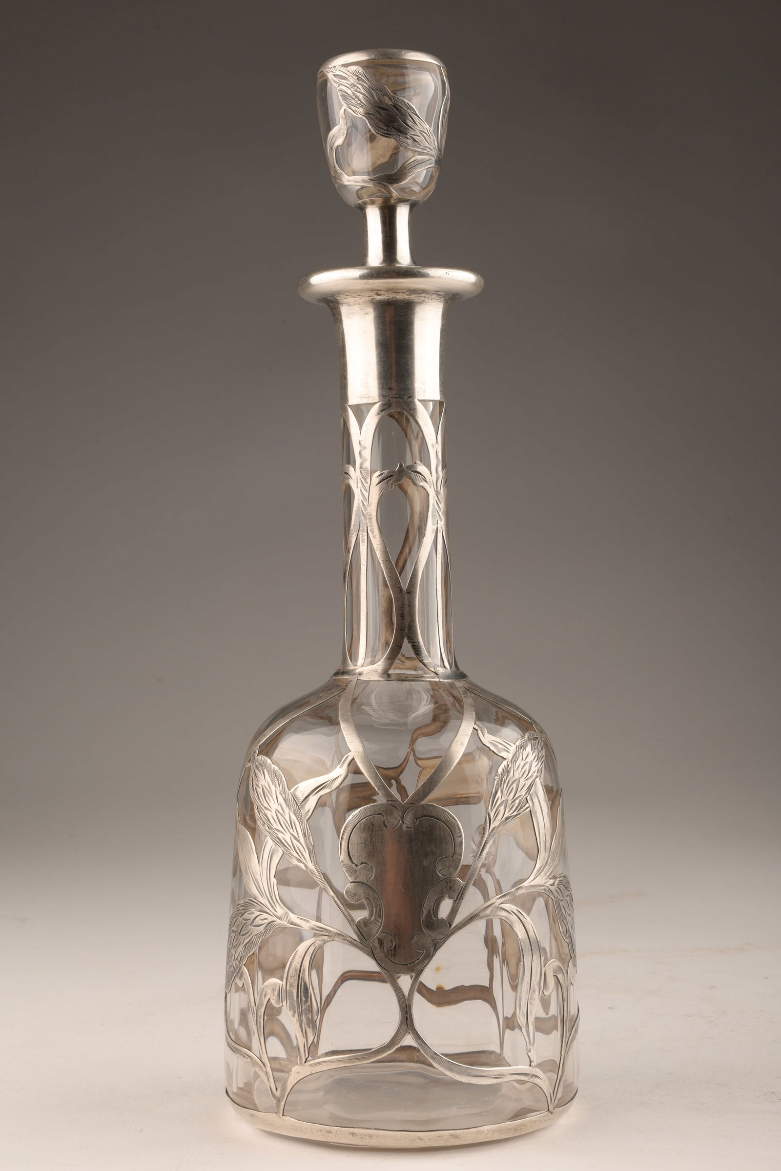 Art Nouveau Silver Overlay Glass Decanter Signed (1 of 8)