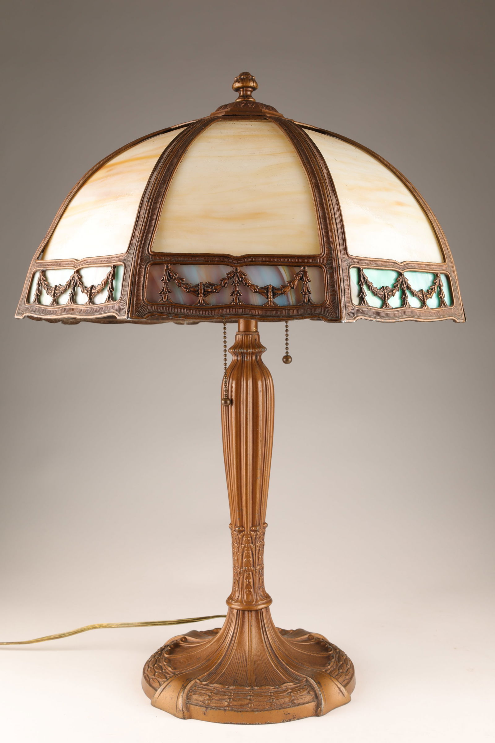 Art Nouveau American 8 Panel Slag Glass Lamp (1 of 9)