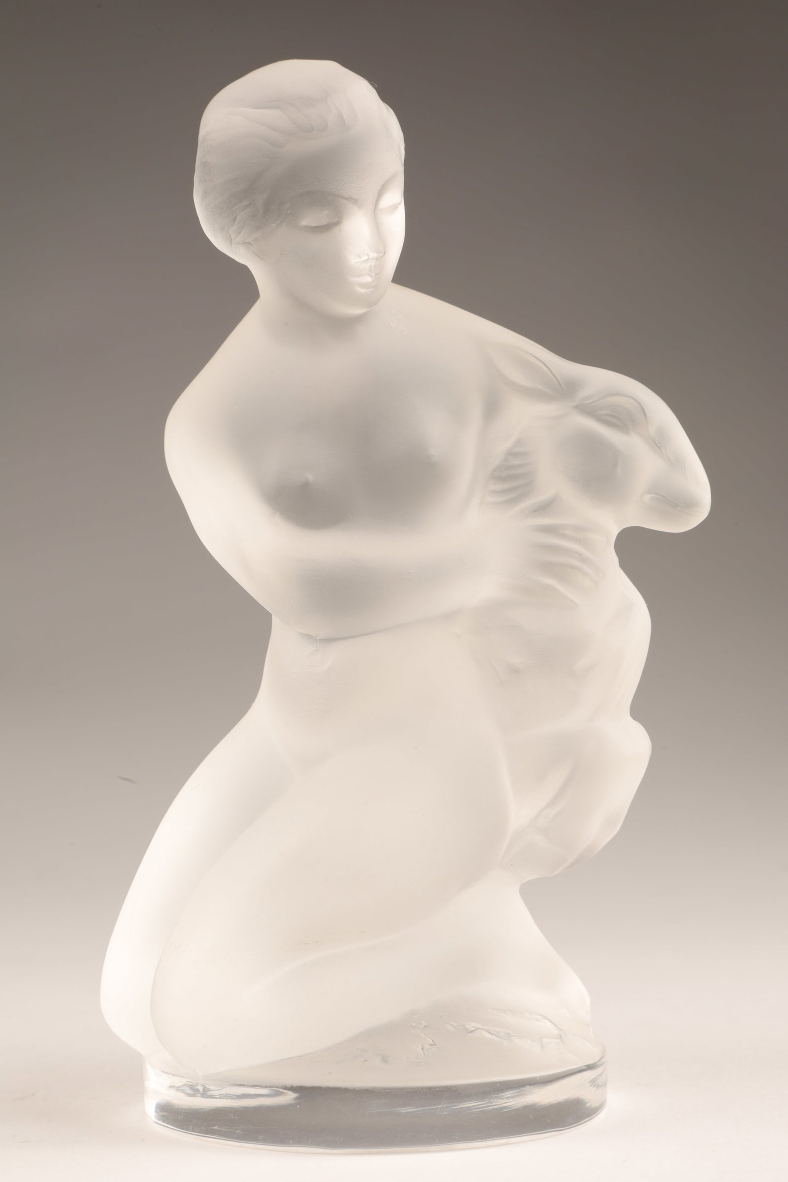 Rene Lalique Art Glass Female Nude with Goat: Rene Lalique Frosted Glass Female Nude Diana with Goat Statuette. 4.5 inches H. Signed.