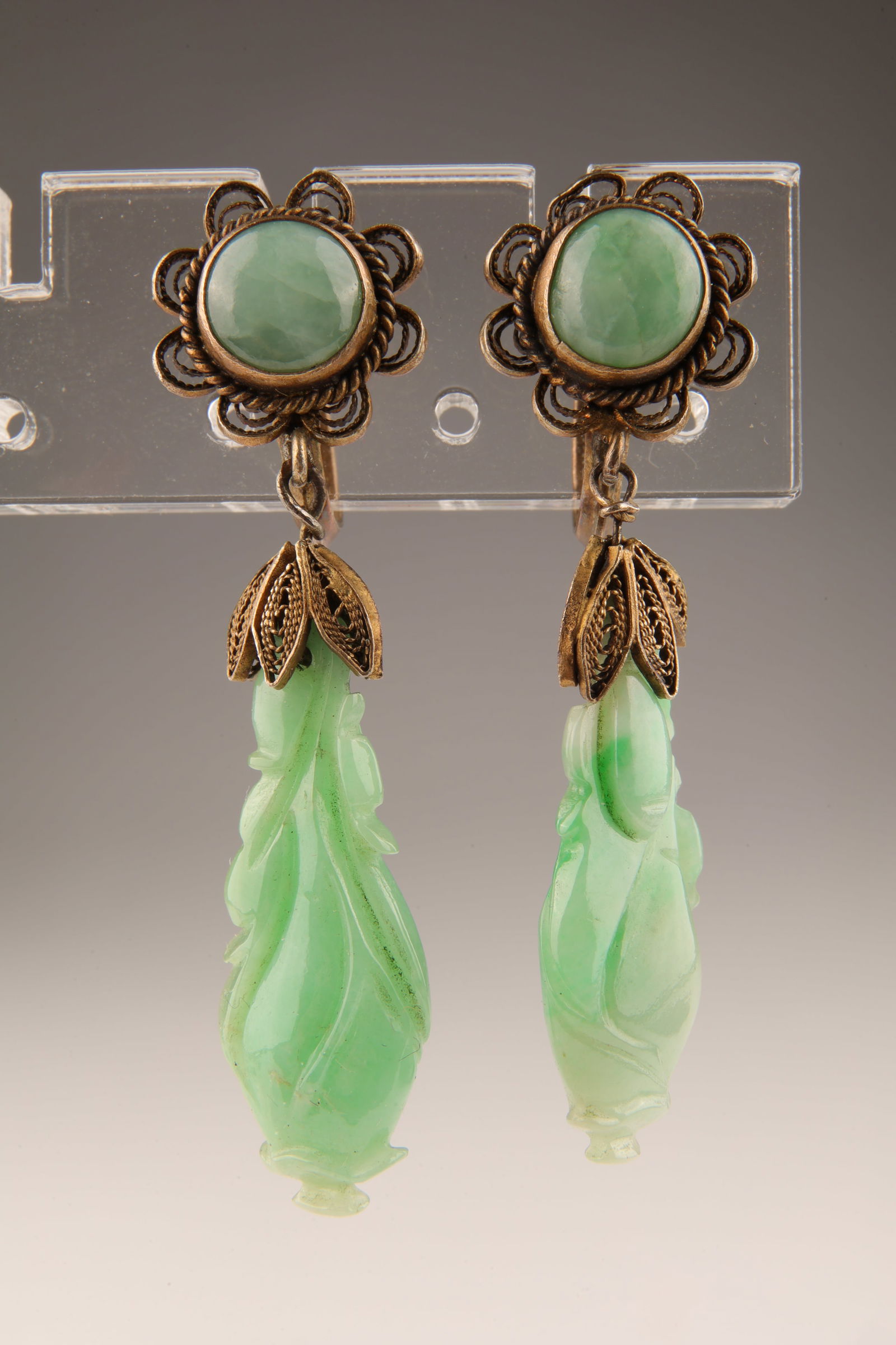 1920s Jade and Gilt Silver Pendant / Drop Earrings: C. 1920s Jade and Gilt Silver Pendant / Drop Earrings. 1.5 inches L.