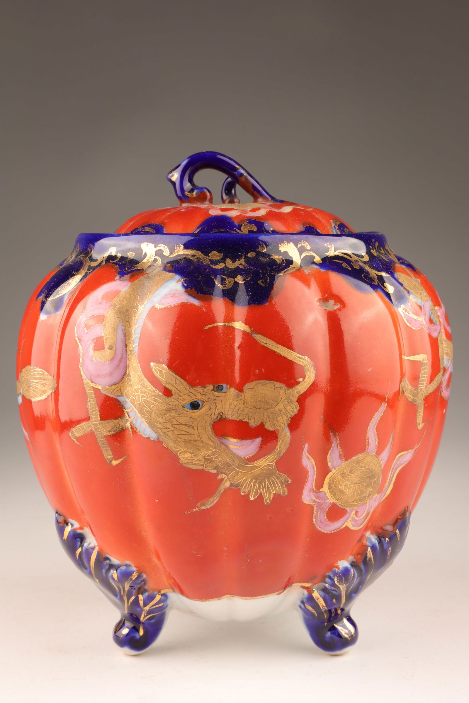 Signed Japanese Kutani Orange, Blue Lidded Jar (1 of 8)