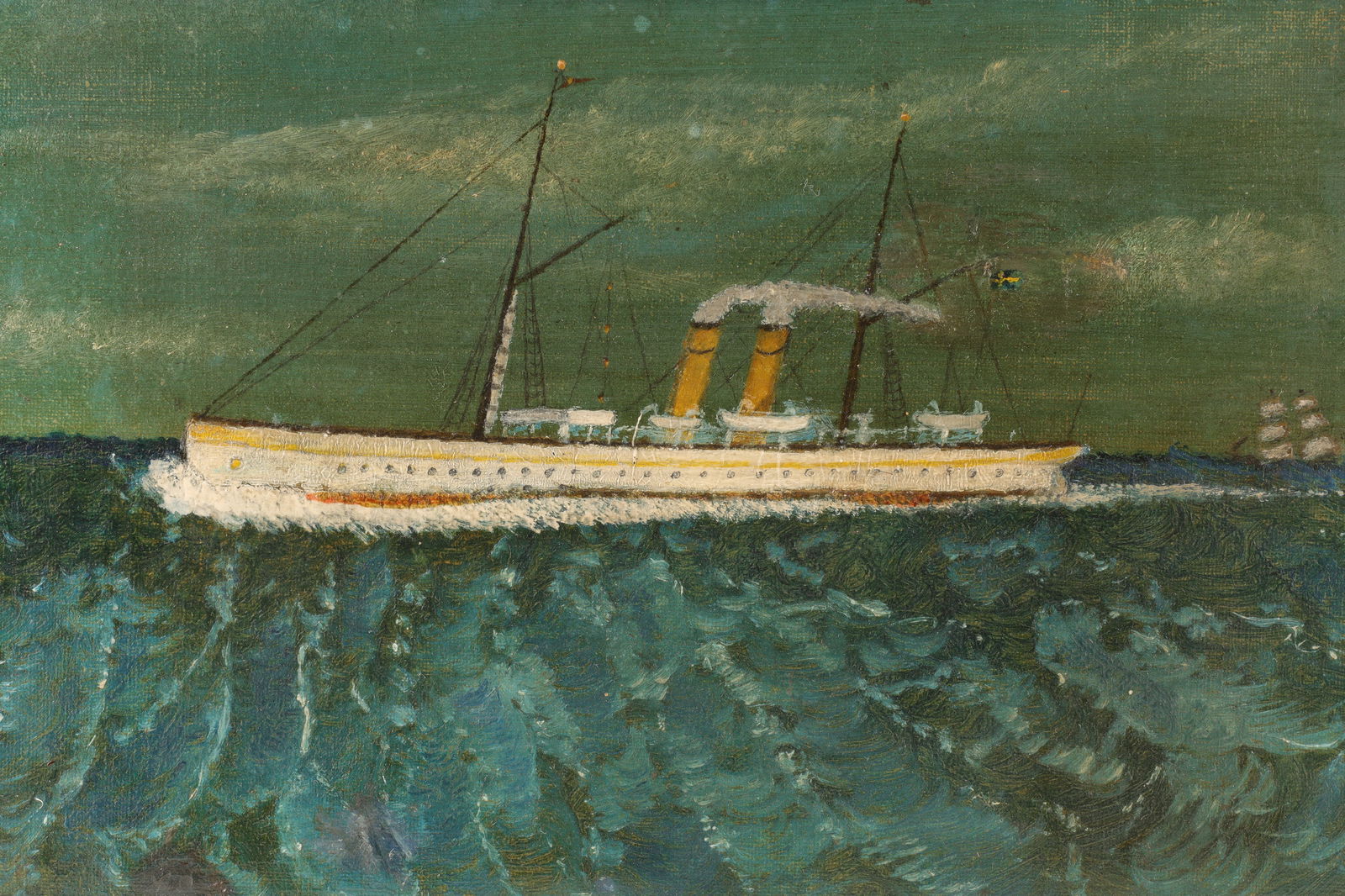 Folk Art Naive Painting Double Funnel Steam Ship (1 of 6)