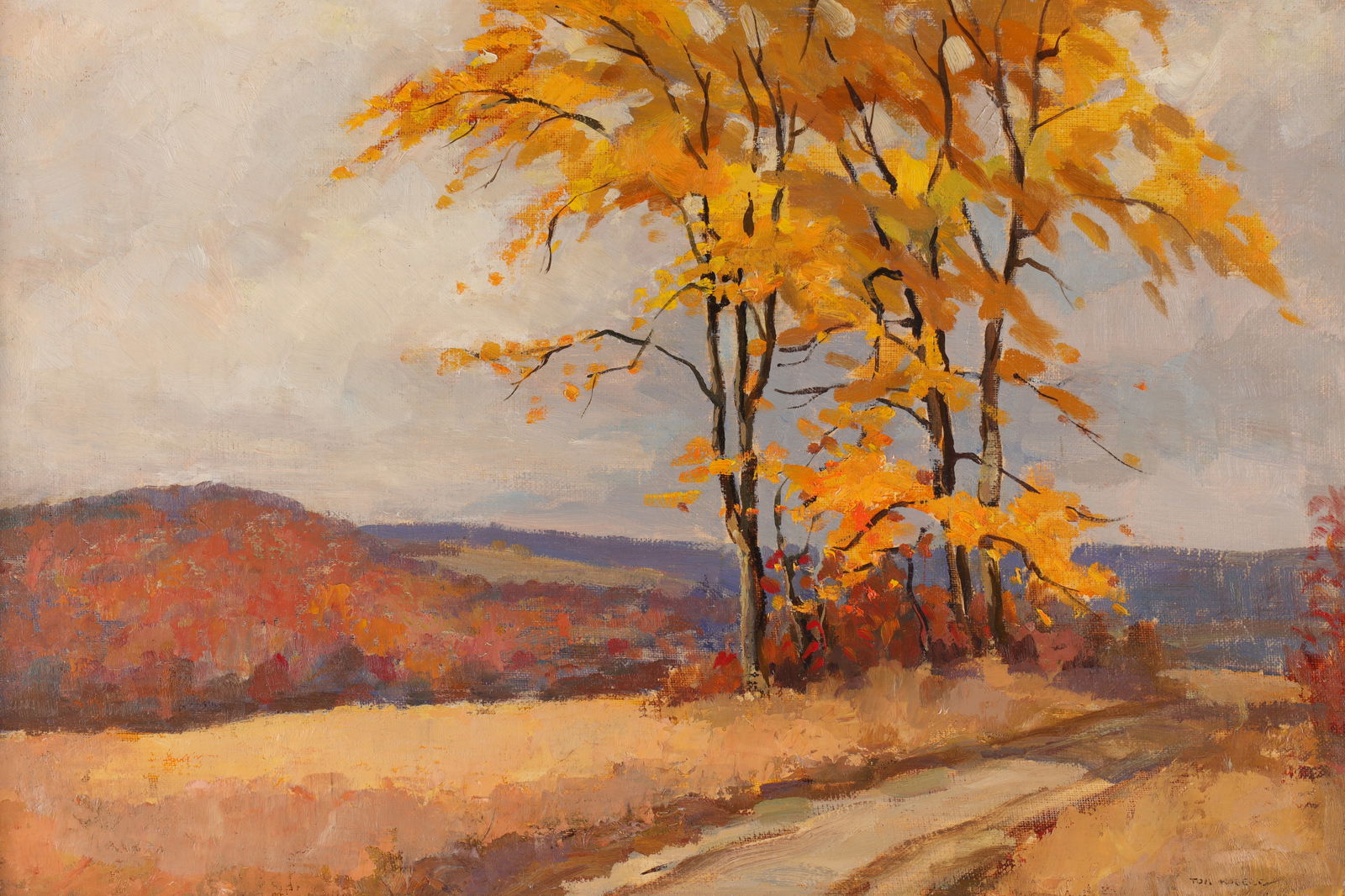 Tom Roberts RCA Oil on Masonite Autumn Landscape: Tom Roberts, RCA, (1909-1998), Oil on Masonite, Autumn Landscape. 15.5 inches H x 19.5 W within matting, framed 25 x 29.5 inches. Signed lower right corner.