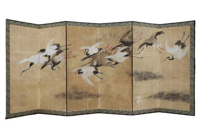 Antique Tokugawa Japanese Six Panel Screen Cranes