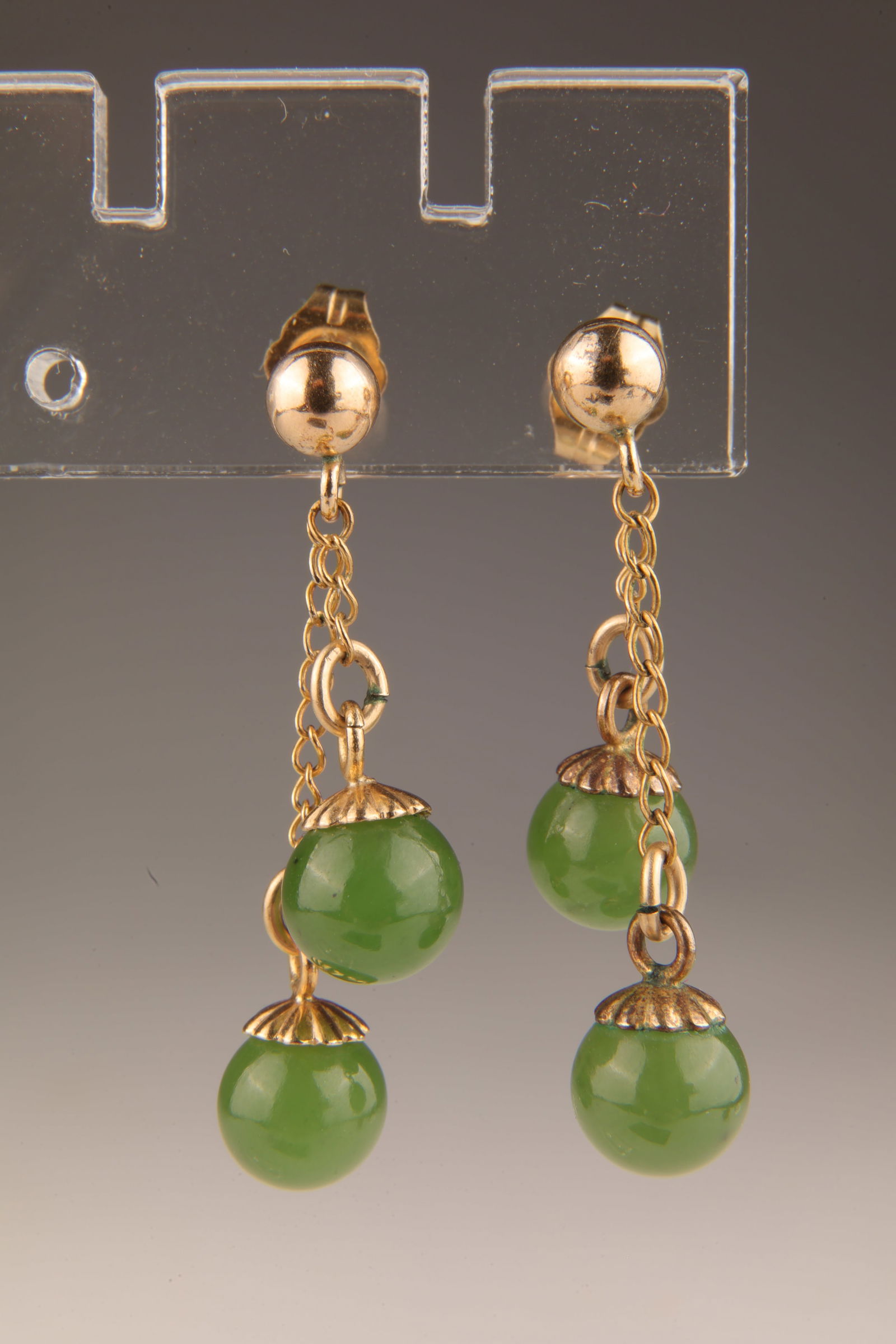 Chinese 14K Gold and Jade Beads Dangle Earrings (1 of 4)