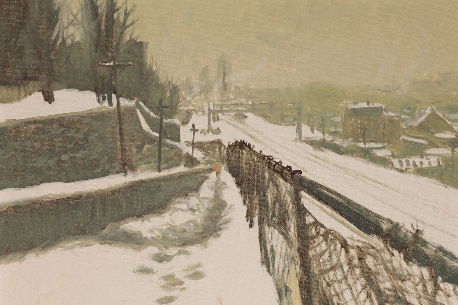 John Little Montreal Winter Railroad Scene: John Geoffrey Caruthers Little (B. 1928) Oil Painting, Montreal Winter Railroad Scene. Signed lower right. Painting measures 12 x 16 inches, frame measures 18 x 22 inches.