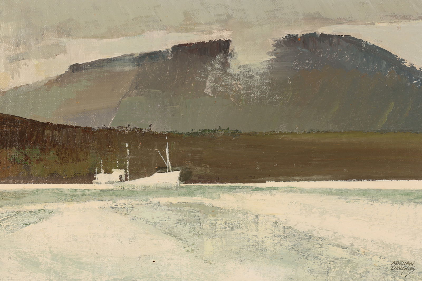 Adrian Dingle Oil on Board Donegal Harbour Scene: John Adrian Darley Dingle (Welsh-Canadian, 1911-1974) Oil on Masonite Board Donegal Boats in Harbour Scene. Titled on verso, Inver Bay, Donegal. Board measures 10 x 16 inches W, frame measures 16.5 x