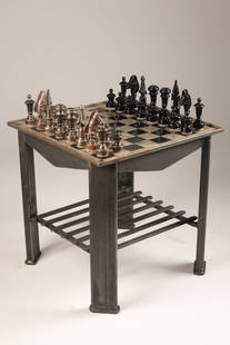 Brutalist Metal Chess Board Table With Chess Set: Brutalist Metal Chess Board Table With Brutalist chess pieces / set. Table measures 18.5 x 18.5 x 19 inches H. Knight measures 4.25 inches H.