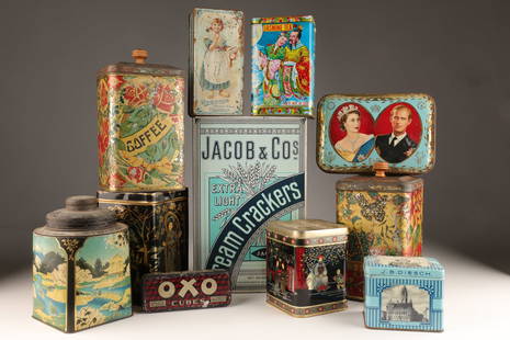 Lot 10 Antique Vintage Advertising Tea Coffee Tins: Lot 10 Antique Vintage Advertising Tea Coffee Biscuit Tins. Jacob and Co Crackers tin measures 10 x 6.5 x 3 inches H.