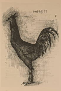 Bernard Buffet Mid Century Lithograph Rooster 53: Bernard Buffet (French, 1928-1999) Mid Century Lithograph, the Rooster 53. Signed in plate. Printed on Rives paper, paper measures 20 inches H x 14.5 W. Missing glass in frame, some discoloration to p