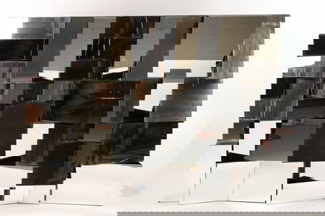 Neal Small Slopes Faceted Mirror Sculpture: Neal Small Slopes Faceted Mirror Sculpture. Classic piece of 1970s brutalist wall art Mirror on black wood frame. 52.5 x 36 x 5 inches deep. One mirror panel has two breaks, one corner has a break. Co