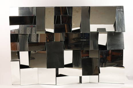 Neal Small Slopes Faceted Mirror Sculpture: Neal Small Slopes Faceted Mirror Sculpture. Classic piece of 1970s brutalist wall art Mirror on black wood frame. 52.5 x 36 x 5 inches deep. One mirror panel has two breaks, one corner has a break.