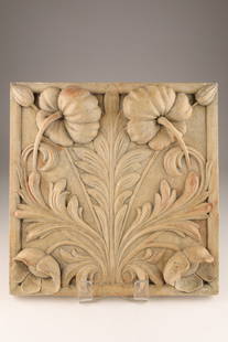 Nouveau Style Cast Stone Poppy Wall Tile Plaque: Nouveau Style Cast Stone Poppy Wall Tile Plaque. Marked GG 2000 in corner. 14 inches H x 13.5 W. Small chips, please see photos.