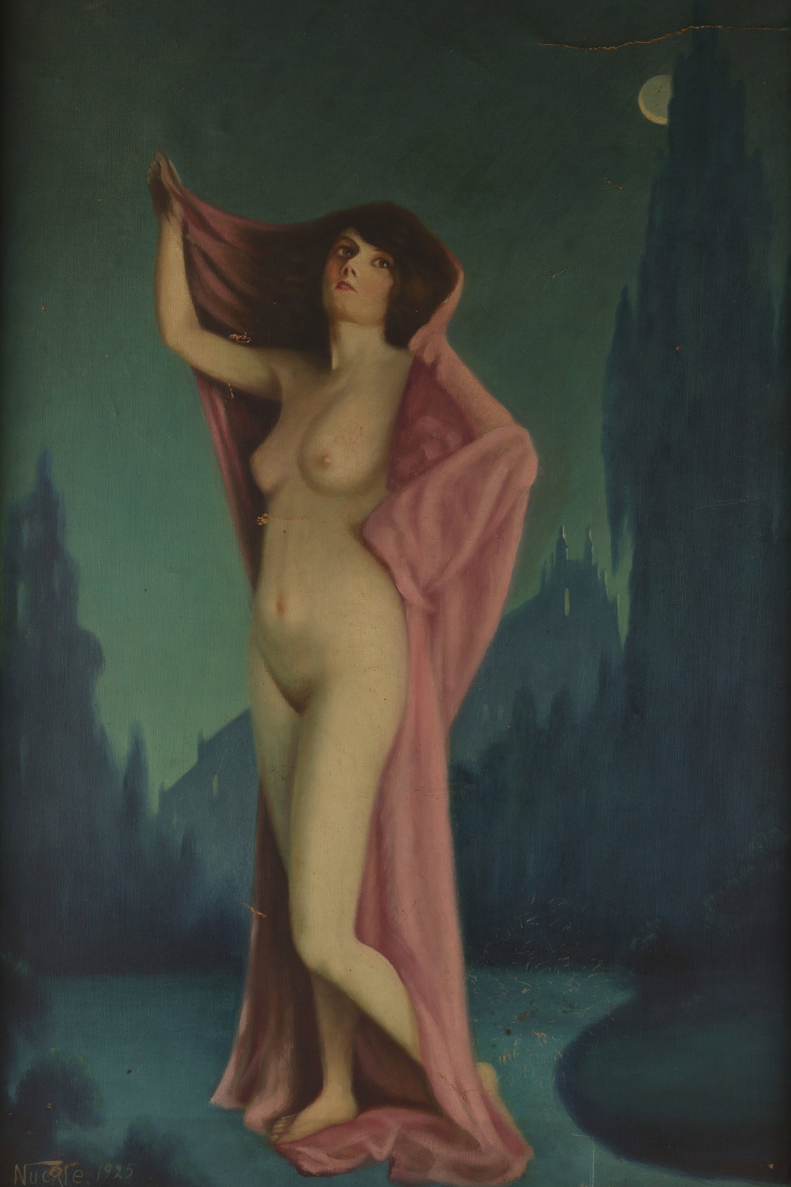 1925 Art Deco Nude Lady Painting Signed Nuckle: J. C. Nuckle (Montreal, 20th C) 1925 Art Deco Nude Lady Painting Signed Nuckle. Some damage, tears to canvas. Previously relined. Canvas measures 30 x 20 inches W, frame measures 34 x 24 inches.