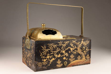 Antique Japanese Lacquered Tabakobon Tobacco Box: Antique Japanese Meiji period black lacquered on wood tabakobon or tobacco box, with hand painted bamboo motif in gold, with original brass fittings; condition report - loss to black lacquer at two