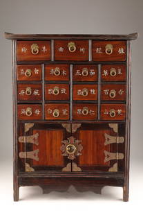 Chinese or Korean Apothecary Chest Spice Cabinet: Chinese or Korean Apothecary Chest Spice Cabinet. 15 drawers with small cupboard. 19.5 inches H x 7.5 deep x 15 W. Restoration to top.