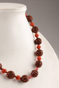 Antique Chinese Figural Hediao Beads Necklace: Antique Chinese Carved Figural Hediao Beads Necklace. Marked on clasp, Lee, characters. 18 inches L.