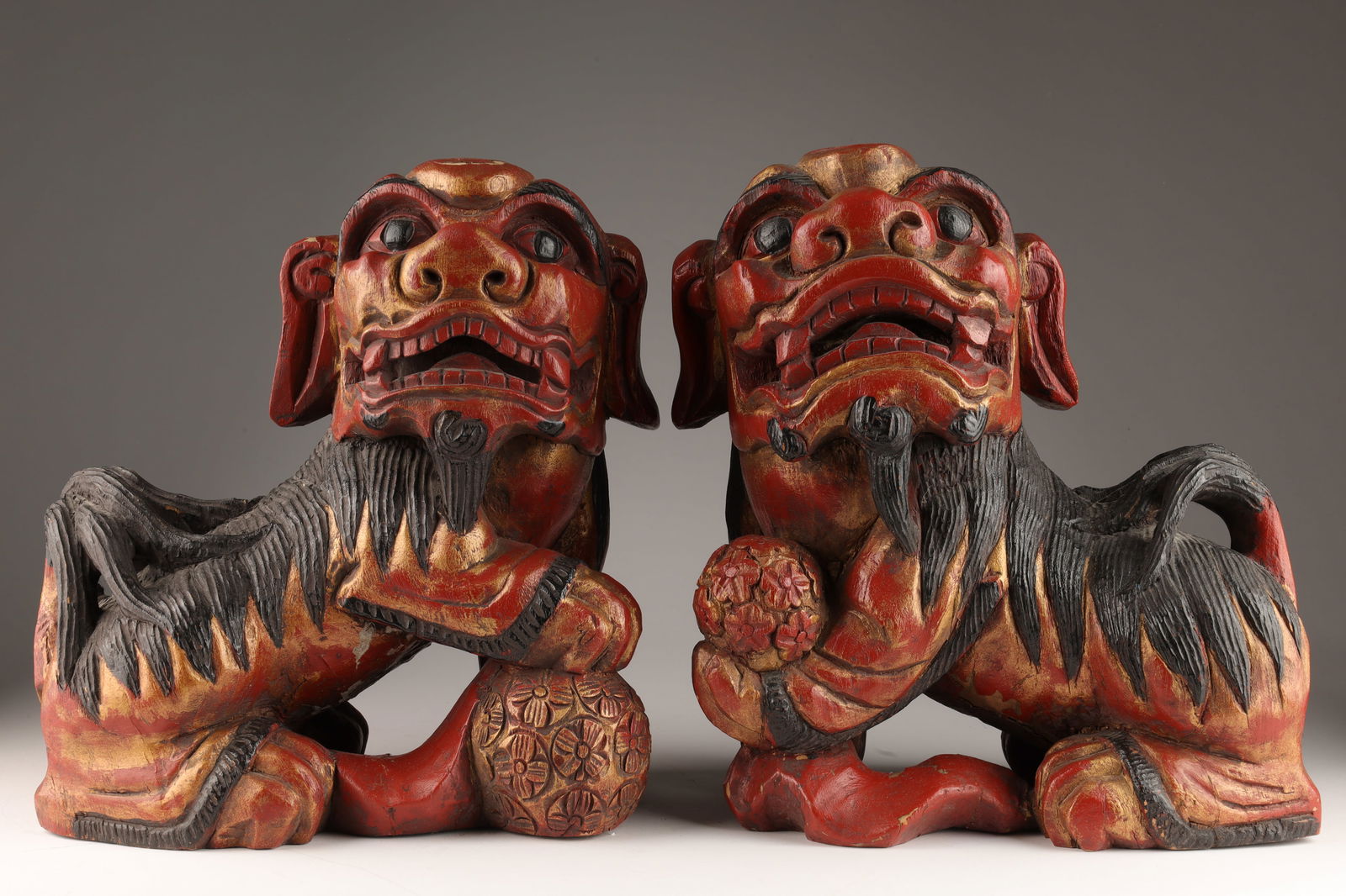 Pair Antique Chinese Hand Carved Wood Foo Dogs (1 of 9)
