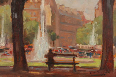 Eric Riordon Painting Champs Elysees France 1934: Eric John Benson Riordon (Canadian, 1906 – 1948), oil on board entitled Rond-Point des Champs Elysees and dated on back of panel May 2, 1934, signed and dated lower right, set in giltwood frame. Boa