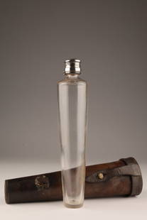 Antique Conical Glass Saddle Flask Leather Case: Antique Conical Glass Saddle Flask in Leather Case. Glass flask measures 9 inches, leather case has shrunken, cover has detached.
