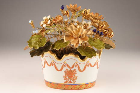 Jane Hutchinson for Gorham Enamel Flower Basket: Jane Hutchinson for Gorham Enamel Flower Basket / Fleurs de Siecle Mottahedeh Enameled Flowers. 8 inches W x 7 H x 7 deep.