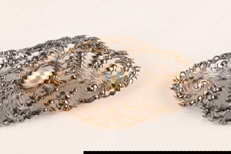 Edwardian Sterling, Marcasite and Pearl Brooch: Edwardian Sterling, Marcasite and Pearl Brooch. 2.25 inches L x 1 H. 10.6 grams total weight.
