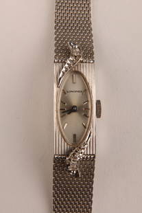 Longines 14K White Gold Diamond Ladies Watch: Vintage Longines 14K White Gold Diamond Ladies Watch. Stamped 14K Gold on case, strap marked Kestenmade 1/20-10K G.F. USA on strap. 8 inches L x 0.5 W.