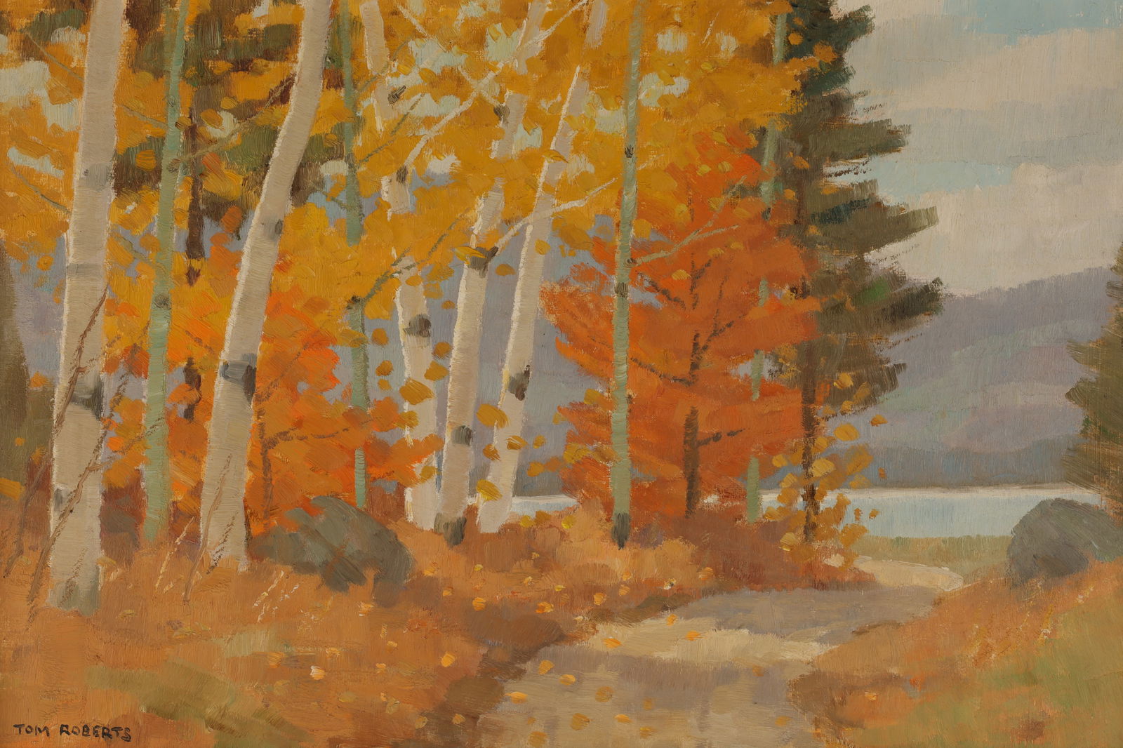 Tom Roberts R.C.A. The Kaminiskeg Road in October: Tom Roberts R.C.A. (1909-1998), Oil on Masonite, The Kaminiskeg Road in October. Masonite measures 16 inches H X 24 W. Titled on verso, signed lower left. Framed, 24 x 32 inches.
