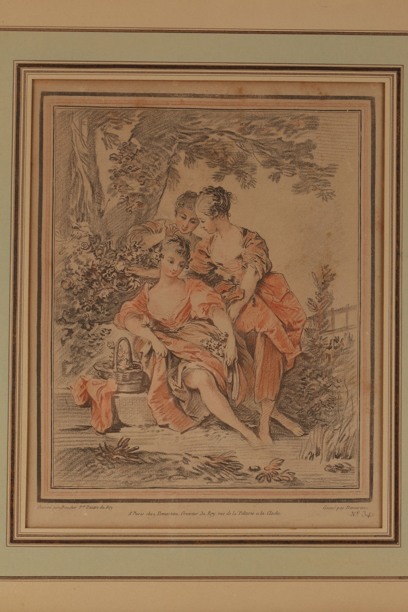 18th C Demarteau Hand Colored Engraving Boucher: Francois Boucher Three Young Ladies in a Forest 18th C Pencil Engraving No. 346. Pencil-style engraving by Demarteau no. 346 In Paris Rue de la Pelterie at the Bell. Drawn by Francois Boucher (1703-17