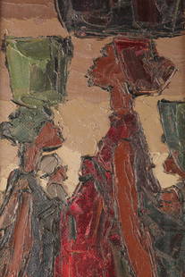 1960s Ablade Glover (Ghana 1934-) Oil Painting: 1960s Ablade Glover (Ghana 1934-) Oil Painting on Masonite, Modernist Figures / Women with Baskets. Signed lower left, Glo. Measures 20.5 inches H x 8.5 W.