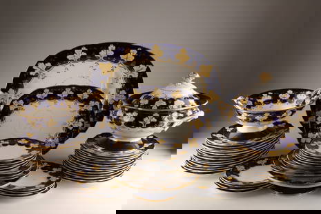 Antique English Cobalt Partial Dinner Service 6527: 46 Pcs antique English porcelain partial dinner service in pattern 6527, possibly Spode, with wide deep cobalt blue border with cream acorn leaf and hand applied gold overlay designs. Set includes 1 f