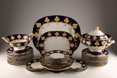 Antique English Cobalt Partial Dinner Service 6527: 46 Pcs antique English porcelain partial dinner service in pattern 6527, possibly Spode, with wide deep cobalt blue border with cream acorn leaf and hand applied gold overlay designs. Set includes 1 f