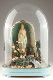 Folk Art Grotto Altar Virgin Mary in Glass Dome: Antique Folk Art Religious Diorama Grotto Altar Virgin Mary, Our Lady of Lourdes in Glass Dome with old card for Saint Bernadette Soubirous of Lourdes (patron saint of bodily illness). Some loss of pa