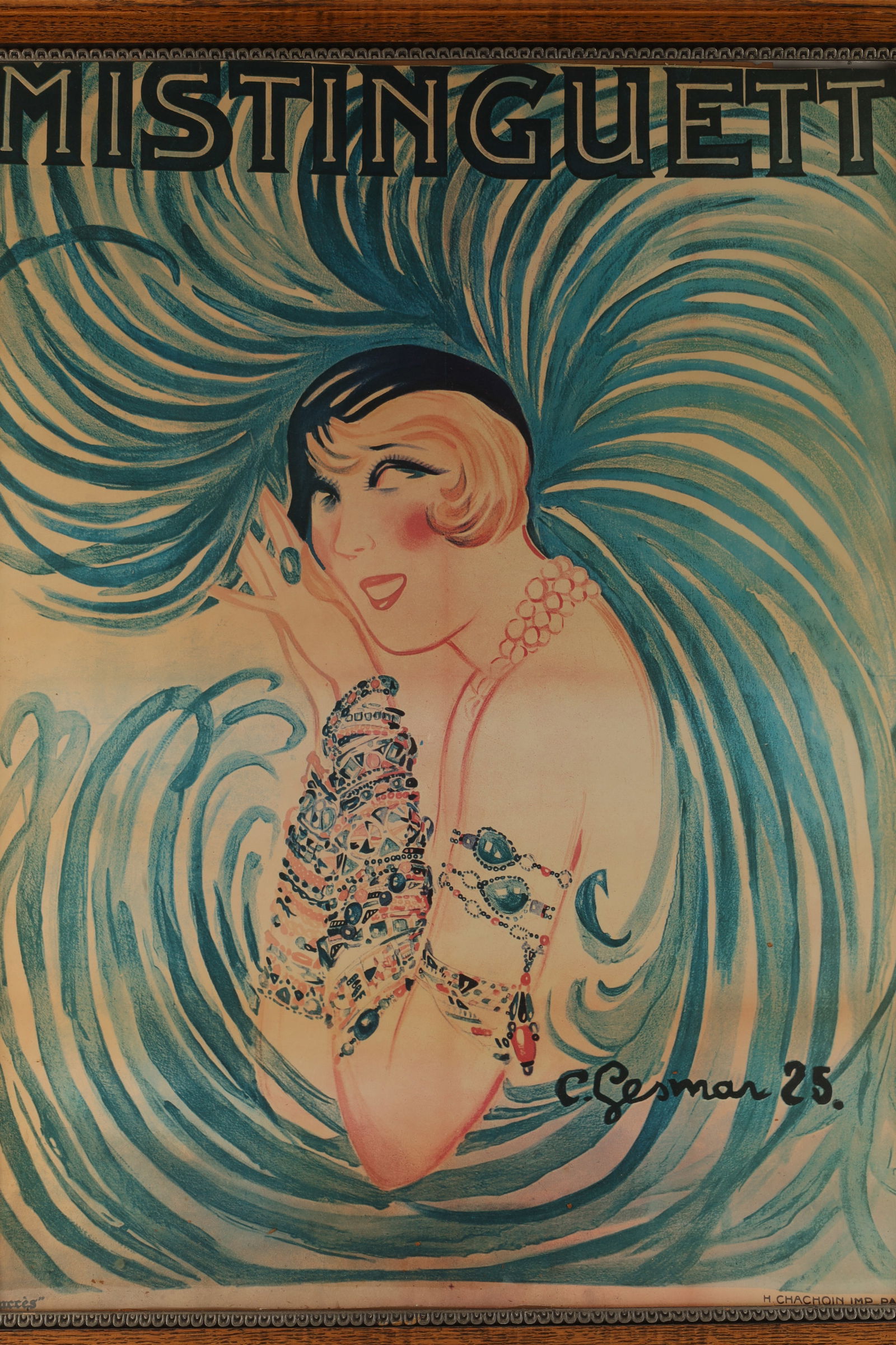 Charles Gesmar H Chachoin Paris Mistinguett Poster: Charles Gesmar, Imprimerie H. Chachoin Paris, Mistinguett, Poster. Lower left corner - Success, lower right - H. Cachoin Imp Paris. Cut down at top. In antique oak frame. Poster measures 32 inches H x
