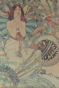Alphonse Mucha Monaco Monte Carlo Poster: Alphonse Mucha Monaco Monte Carlo Poster, Chemin de Fer P.L.M. Cut down. In antique oak frame. Poster measures 32 inches H x 24 W, frame measures 36 x 28 inches.