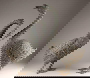 Pair of Cast Metal Goose Garden Figures: Pair of Cast Metal Goose Geese Garden Figures. Tall goose measures 28 inches H x 20 W x 20 deep.